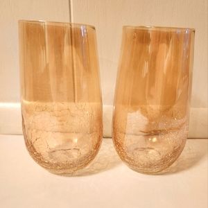 Lot 2 Pier 1 Crackle Golden Luster Amber 6" Highball Tumbler Water Tea Glass